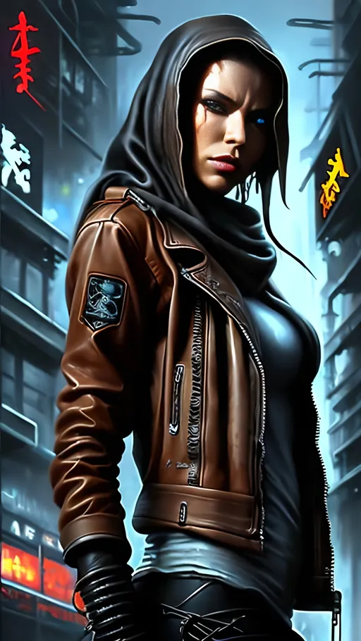Prompt: airbrushed matte oil painting, masterpiece :1.4, best quality:1.0, cyberpunk, female street shaman wearing a brown leather jacket, character portrait, in the style of Eric Belisle