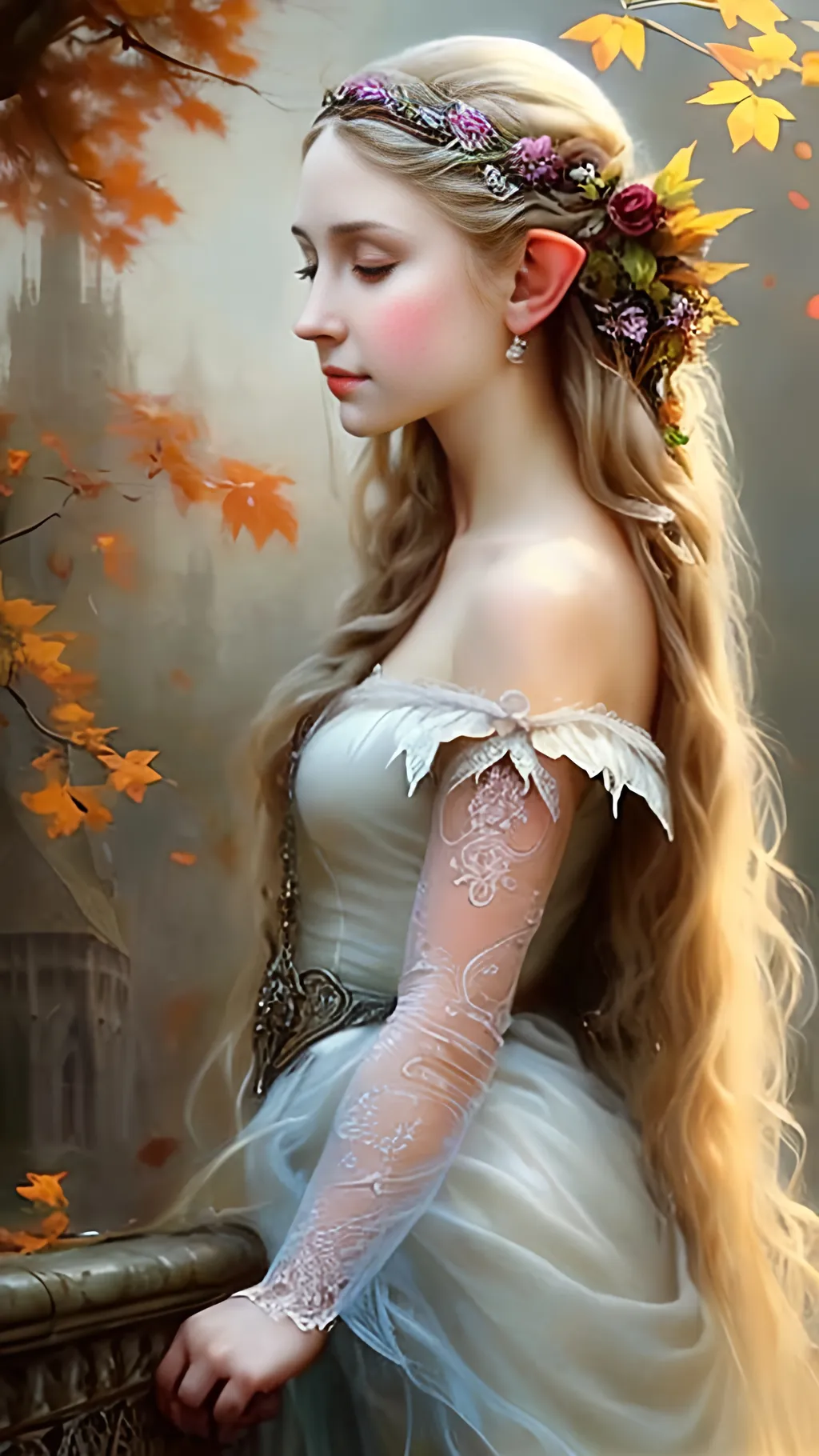 Prompt: airy airbrushed matte oil painting, masterpiece:1.4, best quality:1.0, realistic face; medieval fantasy portrait; highly detailed; achingly beautiful; gorgeous lace gown; tiara; female elf princess; in the style of eric belisle