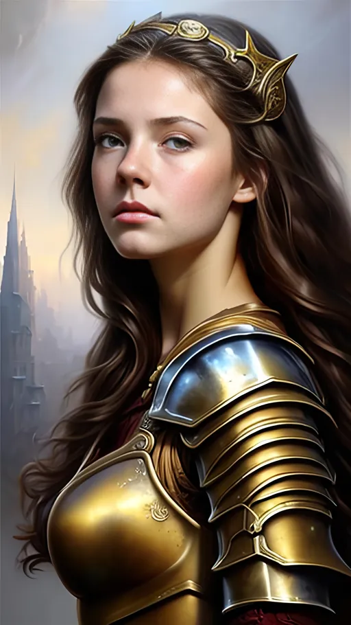 Prompt: airbrushed matte oil painting, masterpiece:1.4, best quality:1.0
realistic beautiful face, medieval fantasy portrait, highly detailed, pretty young adult, female paladin, gold plate armor, in the style of Eric Belisle