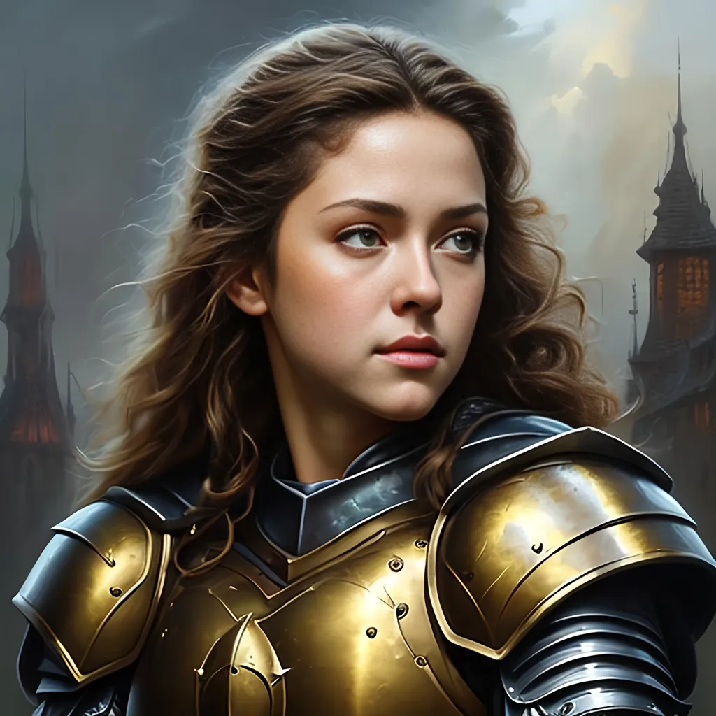 Prompt: airbrushed matte oil painting, masterpiece:1.4, best quality:1.0
realistic beautiful face, medieval fantasy portrait, highly detailed; handsome young female paladin, gold plate armor, in the style of Eric Belisle