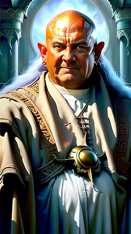 Prompt: airbrushed matte oil painting, masterpiece:1.4, best quality:1.0, photorealistic, highly detailed, medieval fantasy, wise face, clean shaven, beardless, character portrait, burly middle-aged sun priest, in the style of Eric Belisle