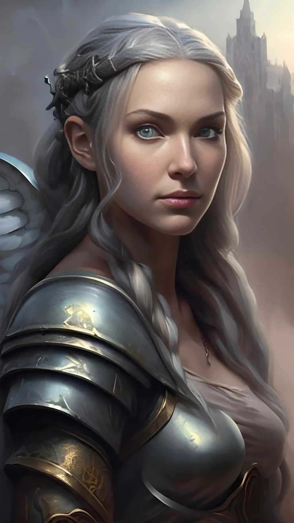 Prompt: airbrushed matte oil painting, masterpiece:1.4, best quality:1.0, photorealistic, highly detailed, medieval fantasy, character portrait, angelic face, female aasimar paladin, serene expression, in the style of Eric Belisle