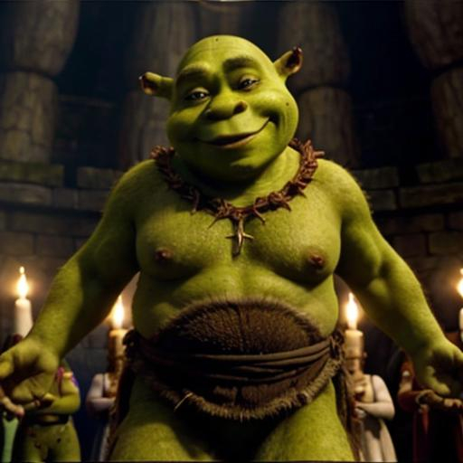 Prompt: Shrek joins a cult 12 tribes cult dance circle indoctrination 