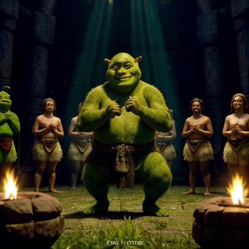 Prompt: Shrek joins a cult 12 tribes cult dance circle indoctrination 