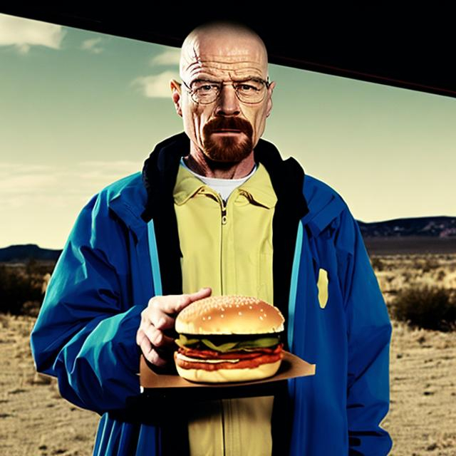 Prompt: walter white holding hamburger
