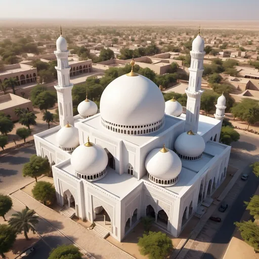 Prompt: Masjid Al-Ikhlas Taman Anthena, (aerial view), (spacious white exterior), bright daylight setting, (9K resolution), artistic sunlight reflections, serene atmosphere, vibrant cultural essence, (highly detailed), expansive sky background, merging tradition and innovation at center city Chad Africa