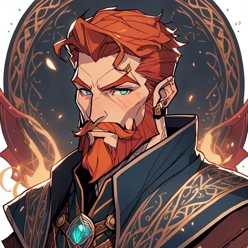 Prompt: <mymodel> redheaded man, (((Bladesinger))), wizard, surrounded by arcane energy, redhead with trimmed facial hair and coiffed hair, wearing robes of the Archmage, (((Archmage))), holding a magical rapier, sfw, pierced ears, (((Rossdraws))), sticker of ultra detailed portrait of a man with trimmed facial hair in Archmage robes, holding magical rapier, peak performance, wizard, chiseled features, high quality cell shaded illustration in post apocalyptic style by Rossdraws, ((full body)), dynamic pose, perfect anatomy, centered, freedom, soul, red coiffed hair, approach to perfection, cell shading, 4k, cinematic dramatic atmosphere, painting, global illumination, detailed and intricate environment, artstation, concept art, fluid and sharp focus, volumetric lighting, cinematic lighting, Art by Rossdraws, (((sfw))), clean face, 