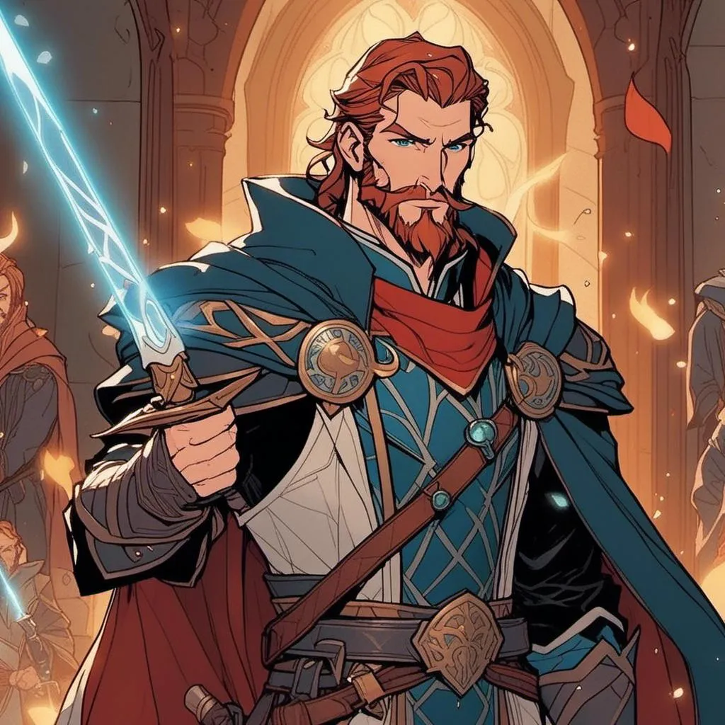 Prompt: <mymodel> redheaded man, (((Bladesinger))), wizard, surrounded by arcane energy, redhead with trimmed facial hair and coiffed hair, wearing robes of the Archmage, (((Archmage))), holding a magical rapier, sfw, pierced ears, (((Rossdraws))), sticker of ultra detailed portrait of a man with trimmed facial hair in Archmage robes, holding magical rapier, peak performance, wizard, chiseled features, high quality cell shaded illustration in post apocalyptic style by Rossdraws, ((full body)), dynamic pose, perfect anatomy, centered, freedom, soul, red coiffed hair, approach to perfection, cell shading, 4k, cinematic dramatic atmosphere, painting, global illumination, detailed and intricate environment, artstation, concept art, fluid and sharp focus, volumetric lighting, cinematic lighting, Art by Rossdraws, (((sfw))), clean face, 