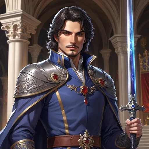 Prompt: Full Figure, Whole body. studio mappa art. Anime art. 2d art. 2d.. a mature human male noble man in vaguely medieval Italian fantasy royal grey uniform.  He wields a sabre. detailed. well drawn face. In background a scifi royal palace. Lord of Neverwinter, dark hair