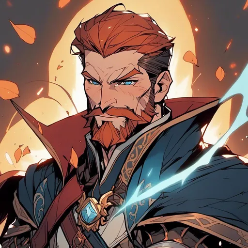 Prompt: <mymodel>, redheaded man, (((Bladesinger))), wizard, surrounded by arcane energy, redhead with trimmed facial hair and coiffed hair, wearing robes of the Archmage, (((Archmage))), holding a magical rapier, sfw, pierced ears, (((Rossdraws))), sticker of ultra detailed portrait of a man with trimmed facial hair in Archmage robes, holding magical rapier, peak performance, wizard, chiseled features, high quality cell shaded illustration in post apocalyptic style by Rossdraws, ((full body)), dynamic pose, perfect anatomy, centered, freedom, soul, red coiffed hair, approach to perfection, cell shading, 4k, cinematic dramatic atmosphere, painting, global illumination, detailed and intricate environment, artstation, concept art, fluid and sharp focus, volumetric lighting, cinematic lighting, Art by Rossdraws, (((sfw))), clean face, 