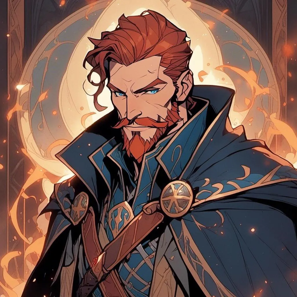 Prompt: <mymodel> redheaded man, (((Bladesinger))), wizard, surrounded by arcane energy, redhead with trimmed facial hair and coiffed hair, wearing robes of the Archmage, (((Archmage))), holding a magical rapier, sfw, pierced ears, (((Rossdraws))), sticker of ultra detailed portrait of a man with trimmed facial hair in Archmage robes, holding magical rapier, peak performance, wizard, chiseled features, high quality cell shaded illustration in post apocalyptic style by Rossdraws, ((full body)), dynamic pose, perfect anatomy, centered, freedom, soul, red coiffed hair, approach to perfection, cell shading, 4k, cinematic dramatic atmosphere, painting, global illumination, detailed and intricate environment, artstation, concept art, fluid and sharp focus, volumetric lighting, cinematic lighting, Art by Rossdraws, (((sfw))), clean face, 