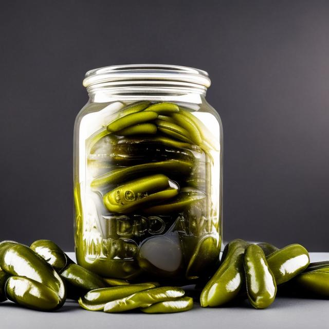 Prompt: jar of large pickles on black background
