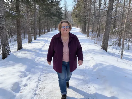 Prompt: An image of me walking smiling with brown hair blue eyes out in the snow covered path and trees. Wearing jeans and a purple coat 