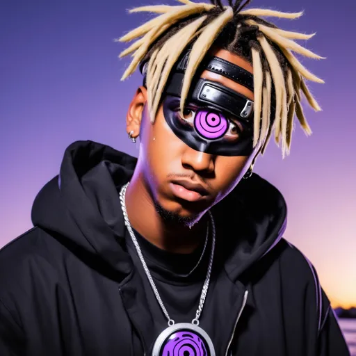 Prompt: Juice wrld or Jarad Higgins with purple sharingan from Naruto 