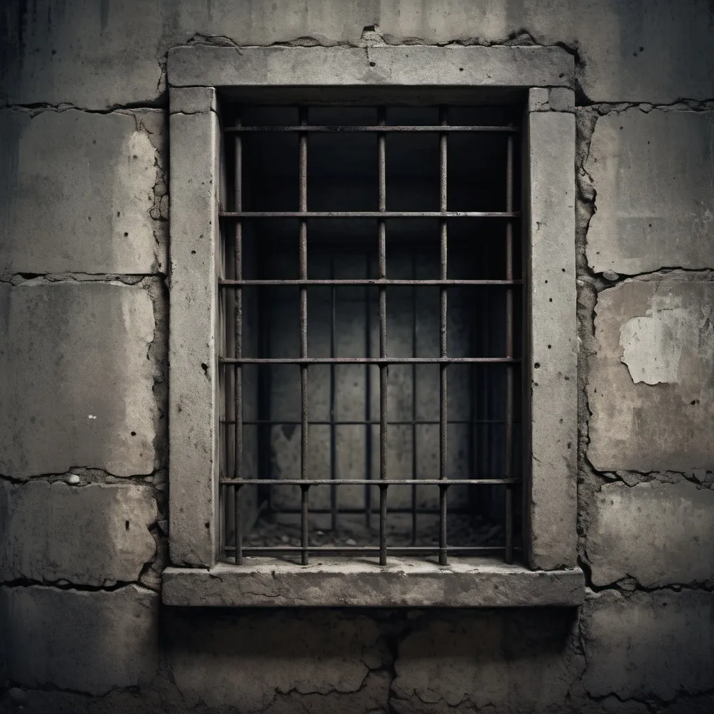 Prompt: The outer wall of a prison, a window with steel bars in front of it