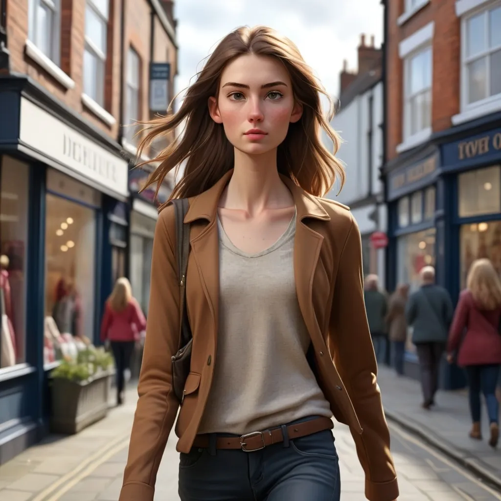 Prompt: Tall young woman walking down the high street, detailed clothing, realistic, natural lighting