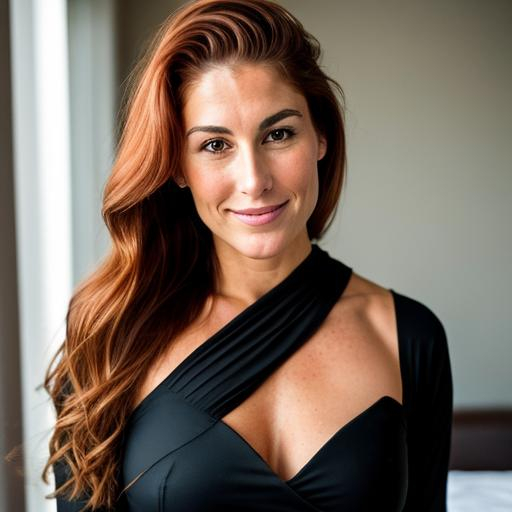 Prompt: A detailed image of Fiona Adler in her mid-twenties, featuring her auburn hair elegantly pinned up as she takes a break from her managerial duties in the world of wrestling. The image captures her beauty and confidence.
