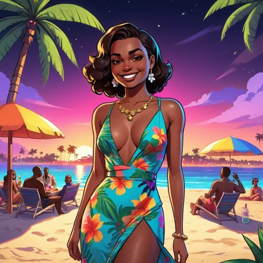 Prompt: GTA V cover art, woman on the beach at night, cartoon
 of a dark-skinned girl, vibrant colors, tropical Miami party, flowing dress and floral accessories, enchanting smile, high quality, Disney style, vibrant colors, tropical setting, flowing dress, enchanting smile, party atmosphere