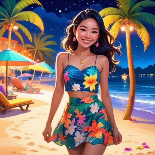 Prompt: Photo cover art, woman on the beach at night, cartoon
 of a Asian girl vibrant colors, tropical Miami party, mini skirt and floral accessories, enchanting smile, high quality, Disney style, vibrant colors, tropical setting, flowing dress, enchanting smile, party atmosphere