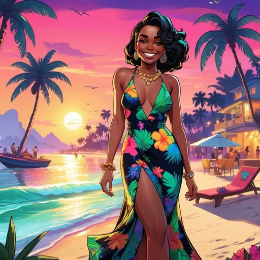 Prompt: GTA V cover art, woman on the beach at night, cartoon
 of a black girl, vibrant colors, tropical Miami party, flowing dress and floral accessories, enchanting smile, high quality, Disney style, vibrant colors, tropical setting, flowing dress, enchanting smile, party atmosphere