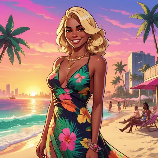 Prompt: GTA V cover art, blonde woman on the beach at sunset, cartoon
 of a dark-skinned girl, vibrant colors, tropical Miami party, flowing dress and floral accessories, enchanting smile, high quality, Disney style, vibrant colors, tropical setting, flowing dress, enchanting smile, party atmosphere