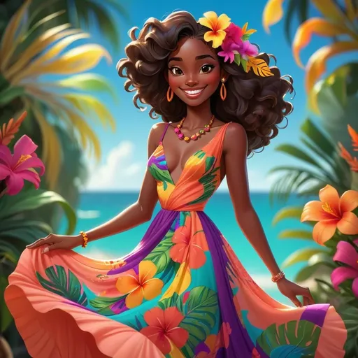 Prompt: Disney-style illustration of a dark-skinned girl, vibrant colors, tropical Miami party, flowing dress and floral accessories, enchanting smile, high quality, Disney style, vibrant colors, tropical setting, flowing dress, enchanting smile, party atmosphere