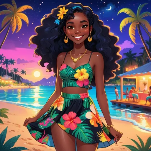 Prompt: Photo cover art, woman on the beach at night, cartoon
 of a black girl, vibrant colors, tropical Miami party, mini skirt and floral accessories, enchanting smile, high quality, Disney style, vibrant colors, tropical setting, flowing dress, enchanting smile, party atmosphere