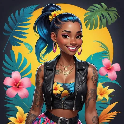 Prompt: Character design sheet woman blue-pink ponytail black leather vest with yellow accents, tattoos Disney-style illustration of a dark-skinned girl, vibrant colors, tropical Miami party, flowing dress and floral accessories, enchanting smile, high quality, Disney style, vibrant colors, tropical setting, flowing dress, enchanting smile, party atmosphere