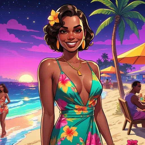 Prompt: GTA V cover art,  woman on the beach at  night, cartoon
 of a dark-skinned girl, vibrant colors, tropical Miami party, flowing dress and floral accessories, enchanting smile, high quality, Disney style, vibrant colors, tropical setting, flowing dress, enchanting smile, party atmosphere