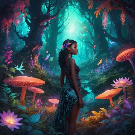 Prompt: Vibrant digital artwork of a mystical forest, glowing flora and fauna, fantasy landscape, high quality, magical realism, surreal color palette, ethereal lighting, intricate details, luminescent flowers, mystical creatures, otherworldly atmosphere, digital painting, whimsical, vibrant tones, enchanting black girl