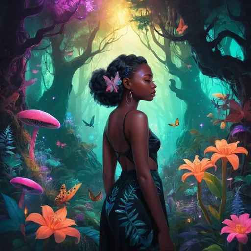 Prompt: Vibrant digital artwork of a mystical forest, glowing flora and fauna, fantasy landscape, high quality, magical realism, surreal color palette, ethereal lighting,, flowers, creatures, otherworldly atmosphere, digital painting, whimsical, vibrant tones, enchanting black girl bbw build