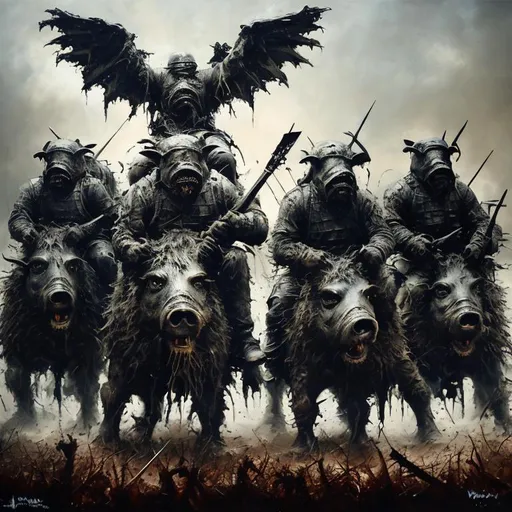 Prompt: War pigs, acrylic painting, fierce expressions, gritty battlefield, dramatic lighting, high-quality, detailed brushwork, dark tones, intense atmosphere, epic battle scene, powerful, commanding presence, war theme, dramatic shadows, strong contrast, realistic texture, aggressive stance