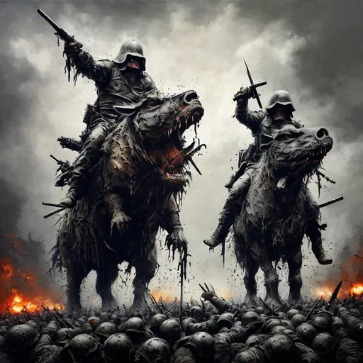 Prompt: War pigs, acrylic painting, fierce expressions, gritty battlefield, dramatic lighting, high-quality, detailed brushwork, dark tones, intense atmosphere, epic battle scene, powerful, commanding presence, war theme, dramatic shadows, strong contrast, realistic texture, aggressive stance