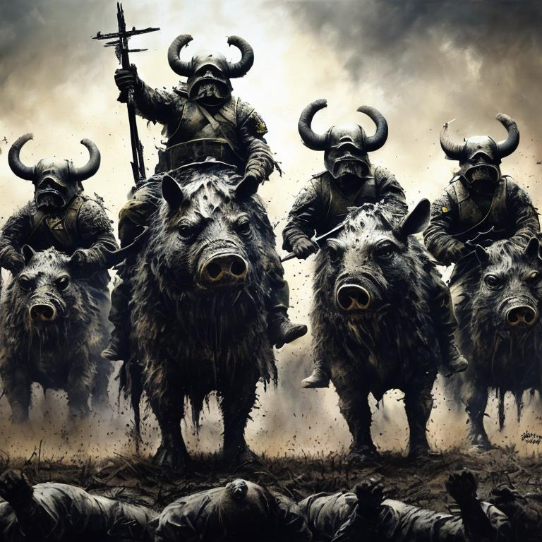 Prompt: War pigs, acrylic painting, fierce expressions, gritty battlefield, dramatic lighting, high-quality, detailed brushwork, dark tones, intense atmosphere, epic battle scene, powerful, commanding presence, war theme, dramatic shadows, strong contrast, realistic texture, aggressive stance