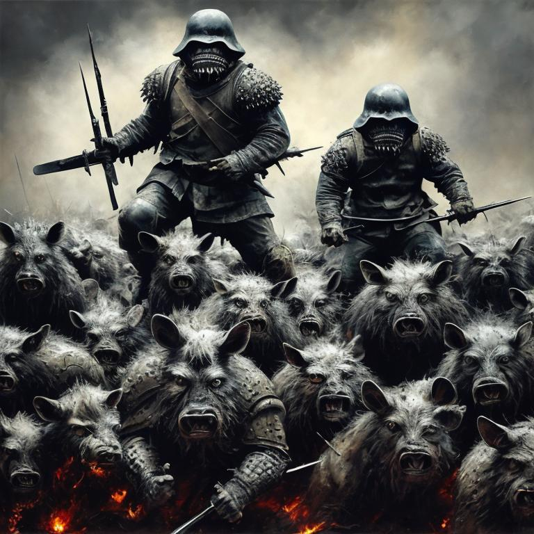 Prompt: War pigs, acrylic painting, fierce expressions, gritty battlefield, dramatic lighting, high-quality, detailed brushwork, dark tones, intense atmosphere, epic battle scene, powerful, commanding presence, war theme, dramatic shadows, strong contrast, realistic texture, aggressive stance