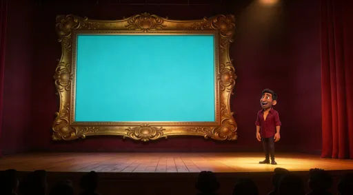 Prompt: This image must be identical to the reference image in every single way. The stage, the screen, the curtains, the walls, the floor, the lighting, the spotlight, the audience silhouettes, the colors, the framing, the camera angle, the composition — everything must remain exactly identical to the reference image. The only change is the comedian's arms. His arms are brought down from their raised position and now hang loosely and naturally at his sides in a relaxed comfortable position. His body position, his size, his location on the stage, his facial expression, his shirt, his skin tone, his hair — all identical to the reference image. Only his arms move down. Nothing else changes anywhere in the image. Not the background. Not the lighting. Not the screen. Not the curtains. Not the floor. Not his face. Not his clothing. Not his posture. Only his arms come down to his sides. Everything else pixel perfect identical to the reference image.
