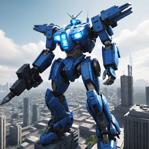 Prompt: Mecha with one blue hammer, flying over a city, full-body, cinematic render