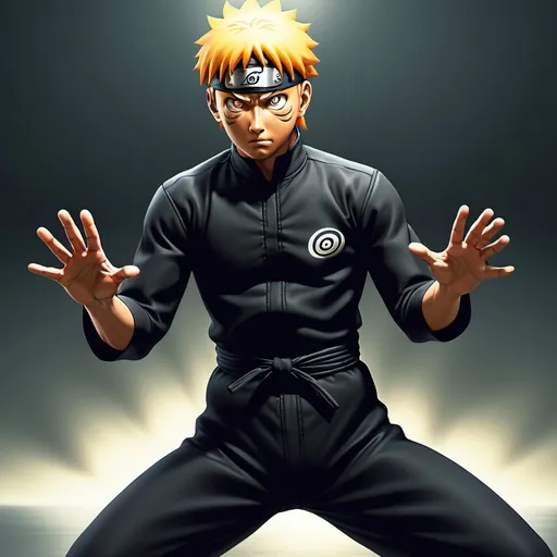 Prompt: gen Uzumaki, depicted in his classic  black
jumpsuit, ready to unleash a flash clap