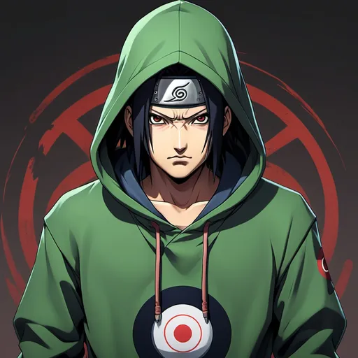 Prompt: gen uchiha depicted in his classic greenhoodie, ready to unleash a 8 gate