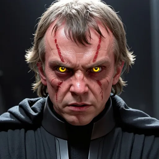 Prompt: Sith lord with no mask and yellow eyes. He has white degraded skin and is young and enraged. He is fighting with Luke Skywalker.