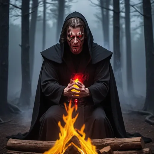 Prompt: A man on his knees facing a table in front of him. The man is wearing black robes like a Sith. The man has long brown hair. The man's eyes are yellow. The man is screaming. The man has his hands raised above his head. The table is made of wood logs. There is a campfire nearby. The man is in a forest at night. It is dark. Smoke is coming from his mouth and his eyes. He is not wearing the armor. The sky is dark. His eyes are glowing red and yellow. It is raining and there is lightning. He is on fire. Sith alchemy. A dark spirit possesses the man. Witchcraft.