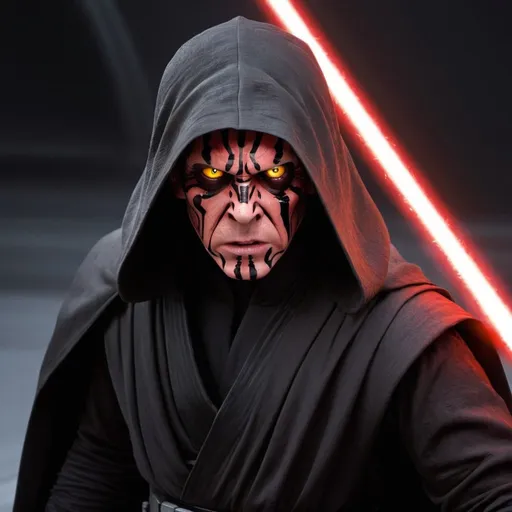 Prompt: Sith lord with no mask and yellow eyes. He has white degraded skin and is young and enraged. He is fighting with Luke Skywalker.