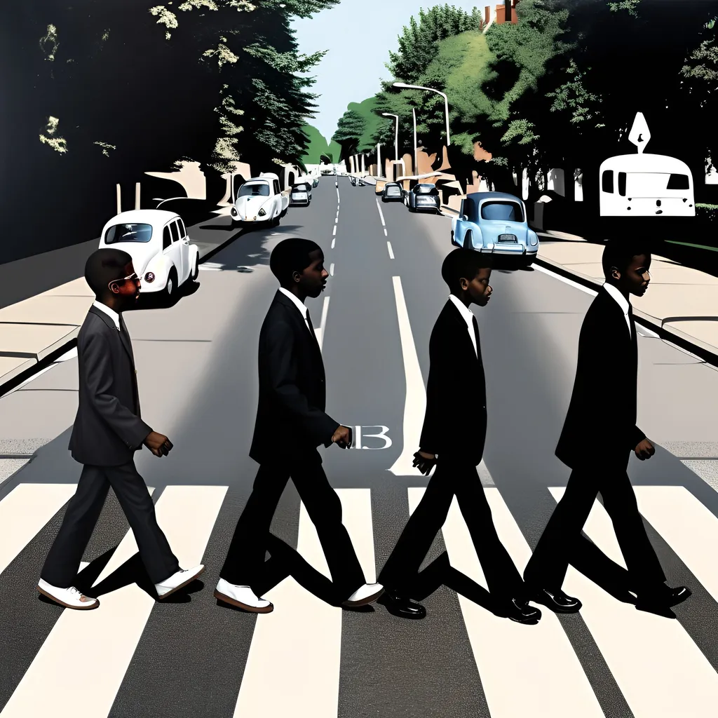 Prompt: cover art taking inspiration from the beatles abbey road, the one black amercian boy should be of 4 different age group of black boy to old man
