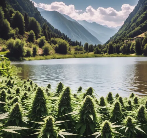 Prompt: A field of cannabis.  Mountains and water in the background.
