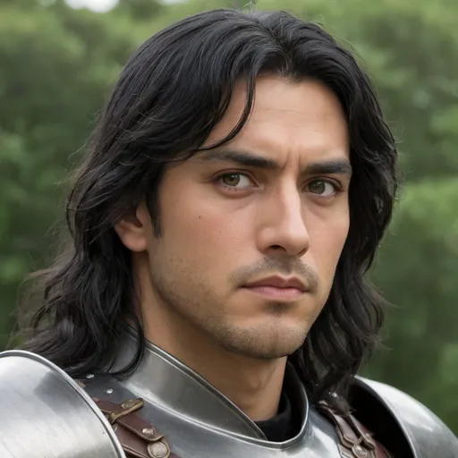 Prompt: A man in armour , without the helmet,long black hair,grey eyes,olive skin,ghibli