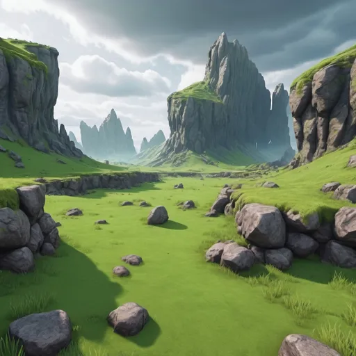 Prompt: Create a beautiful Terrain that has green grass and a dusky sky has rocks cliffs and is open and is made for boss battle for video game
