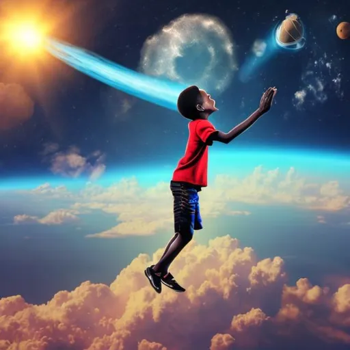 Prompt: A black african boy flying into space with his dreams and aspiration with mother praying for him