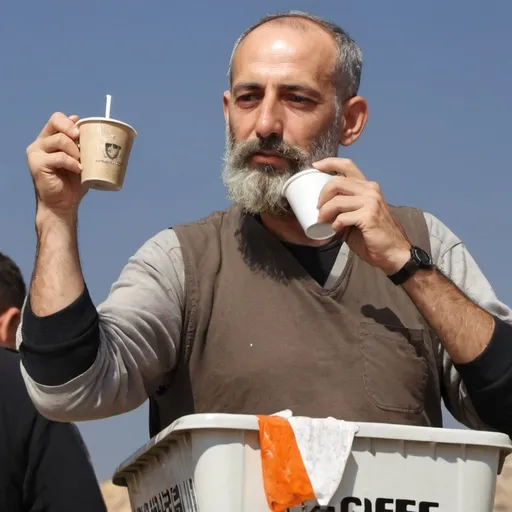 Prompt: israeli man with a dusty beard drinkin coffee in a bin




