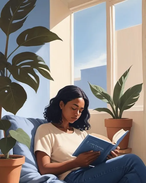Prompt: a woman reading a book with a comfortable position. the angle is front low and cinematic. the sunshine is low and come a little. Behind the woman a plant is shown. the book cover is blue. the picture style will be like Hana Peterson's art.
