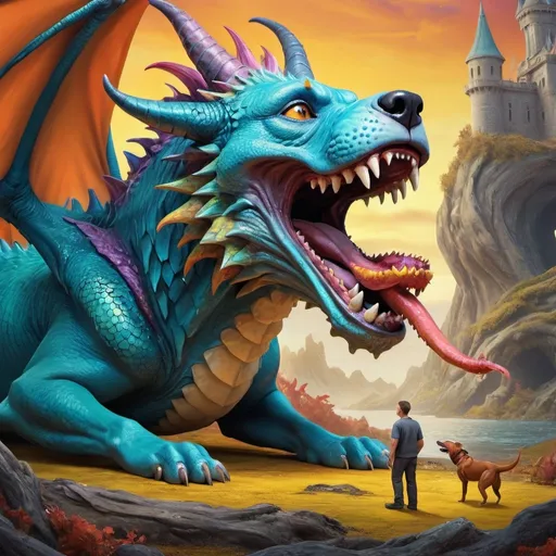 Prompt: (bizarre scene of a dog devouring a dragon), surreal fantasy, vibrant colors, exaggerated features, whimsical ambiance, playful undertones, (dramatic contrast in size), detailed textures on both animals, dynamic composition, lively background with fantastical elements, imaginative environment, ultra-detailed, 4K quality